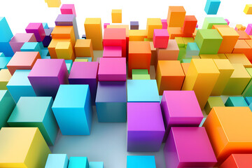 Vibrant 3d render of an endless field of multicolored cubes with a dynamic perspective