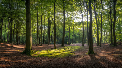 Obraz premium Sunlit green forest with tall trees, moss-covered ground, and tranquil atmosphere for nature, relaxation, and conservation themes