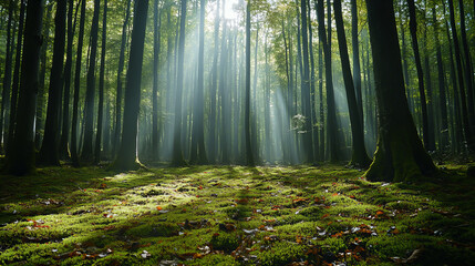Naklejka premium Sunlit green forest with tall trees, moss-covered ground, and tranquil atmosphere for nature, relaxation, and conservation themes