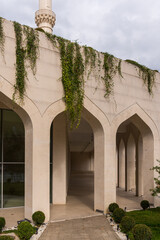 A long arched walkway with green ivy cascading down, leading into the interior of an Islamic...