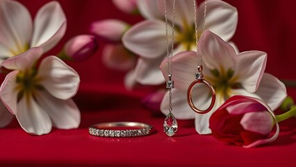 Elegant Spring Floral Jewelry Display on Deep Red with Velvety Textures