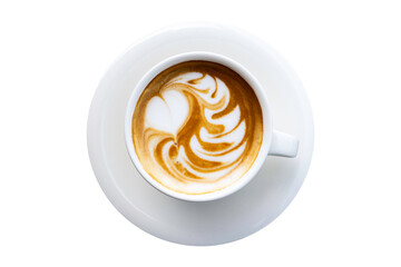 Cup of coffee latte with heart shape top view isolated on white with clipping path