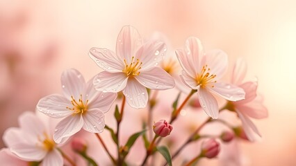 Serene Spring Morning Blooming Flowers with Dewdrops in Vintage Film Look