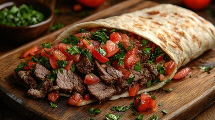 Beef Gyro Wrap on Wooden Board with Toppings