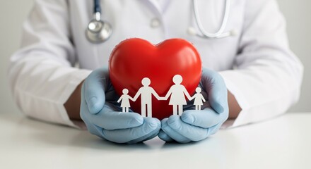 Hands in surgical gloves holding a heart with a family, representing healthcare, family health, and medical protection.

