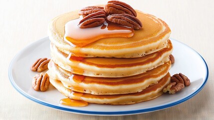   A blue-and-white plate holds a stack of golden-brown pancakes, drizzled with syrup, and garnished with crunchy pecans