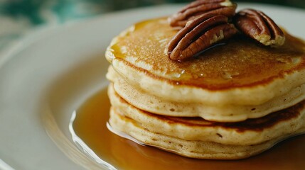  A stack of pancakes sits on a white plate, covered in syrup and topped with pecans