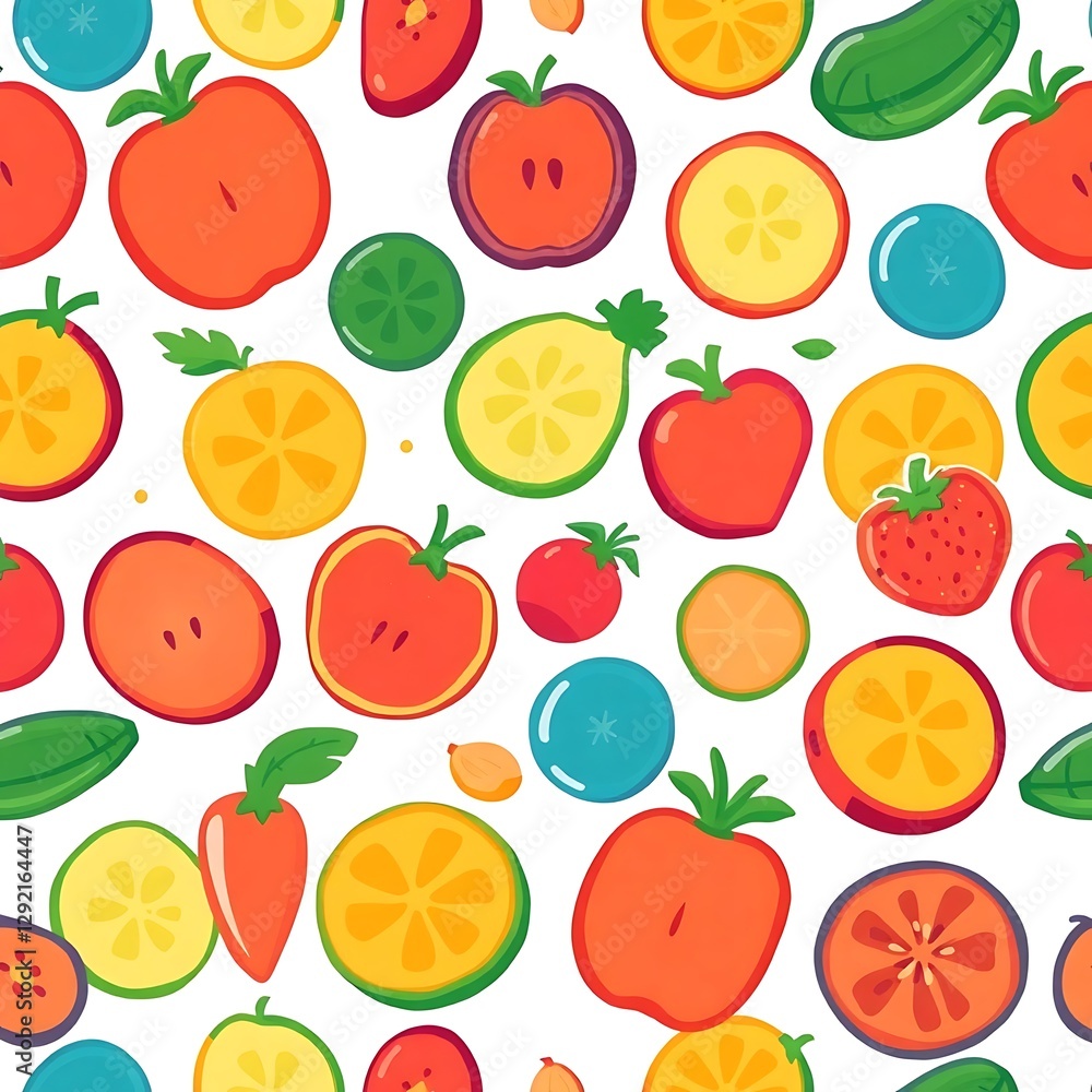 Poster vibrant fruit and vegetable pattern: a seamless, colorful pattern features an array of fresh, sliced