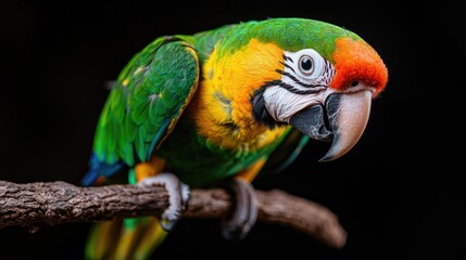Colorful Parrot Perched on Branch Against Dark Background. Possible Use Stock Photo