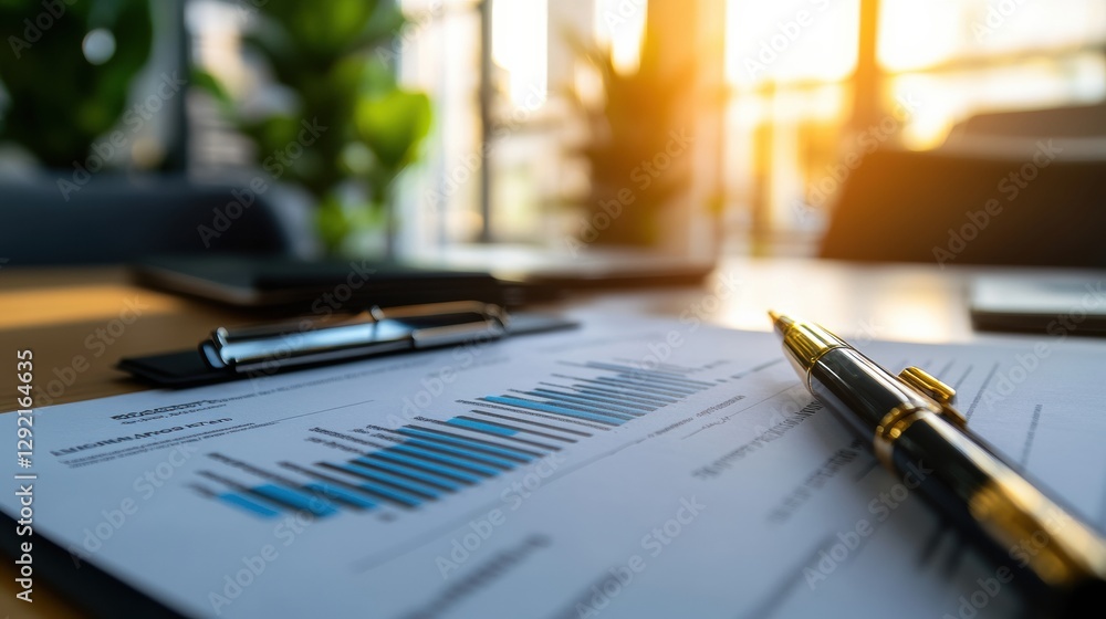 Fototapete business reports and charts displayed on a desk with sunset light creating a warm atmosphere in a mo