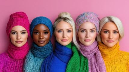 Diverse women in colorful sweaters and scarves; diverse female models; portrait;  positive representation