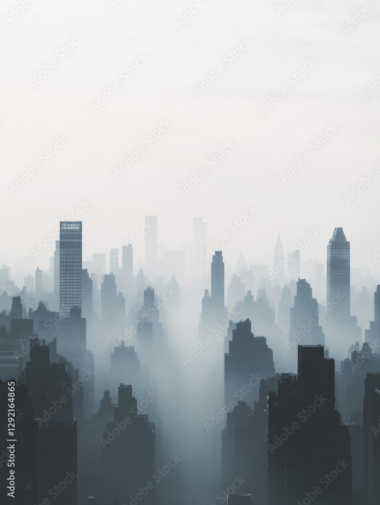 Poster cityscape enveloped in heavy gray smog with silhouettes of buildings fading into haze. generative ai