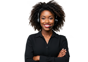 Transparent PNG available Portrait of a happy call center black woman arms crossed isolated on a transparent background