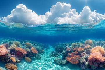 Naklejka premium Vibrant Coral Reef Underneath a Cloudy Tropical Sky