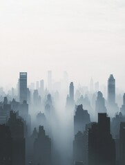Fototapeta premium Cityscape enveloped in heavy gray smog with silhouettes of buildings fading into haze. Generative AI