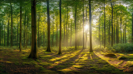 Obraz premium Sunlit green forest with tall trees, moss-covered ground, and tranquil atmosphere for nature, relaxation, and conservation themes