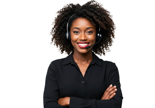 Transparent PNG available Portrait of a happy call center black woman arms crossed isolated on a transparent background