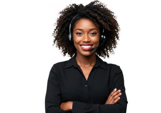Transparent PNG available Portrait of a happy call center black woman arms crossed isolated on a transparent background