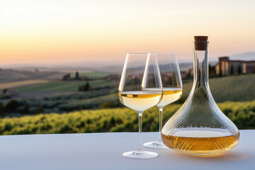 Obraz premium White wine in glasses and decanter served with a view of the summer sunset rural landscape