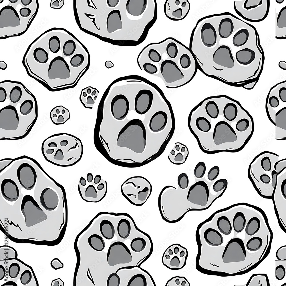 Poster paw prints pattern: a seamless pattern of stylized gray paw prints of varying sizes.