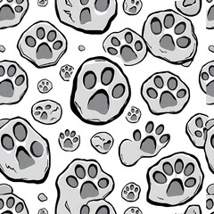 Fototapeta premium Paw Prints Pattern: A seamless pattern of stylized gray paw prints of varying sizes. 