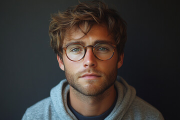 Obraz premium Young Man with Brown Hair and Round Glasses