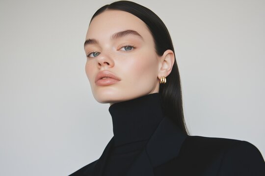 woman wearing strong, minimalist look featuring a black structured blazer over a high-neck turtleneck.