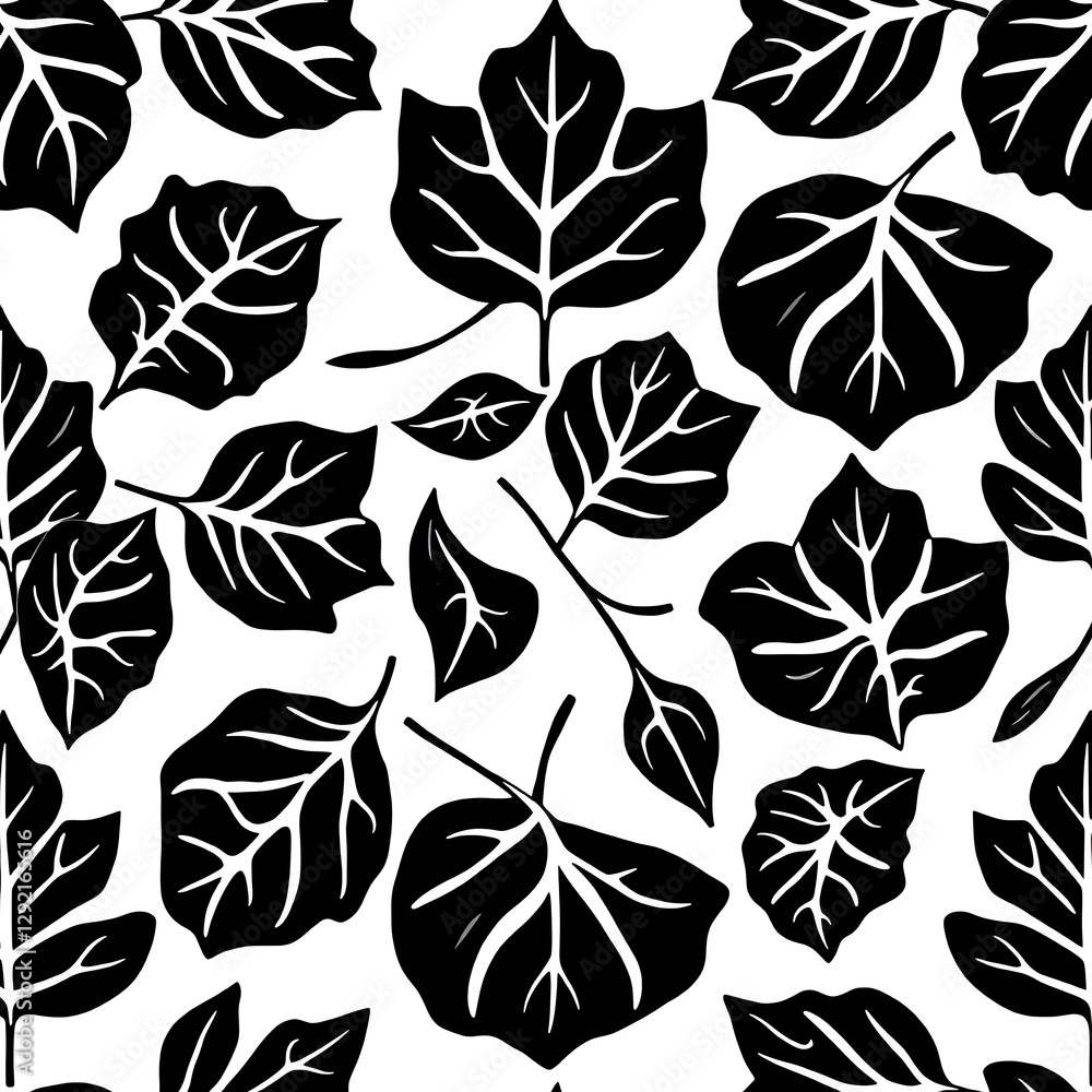 Poster monochrome leaf pattern: a stylish seamless pattern of stylized black leaves, creating a dynamic and