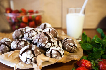 Chocolate cookies with milk and Strawberry