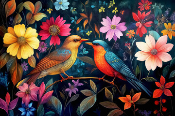 Fototapeta premium Colorful spring awakening with blooming flowers and returning birds