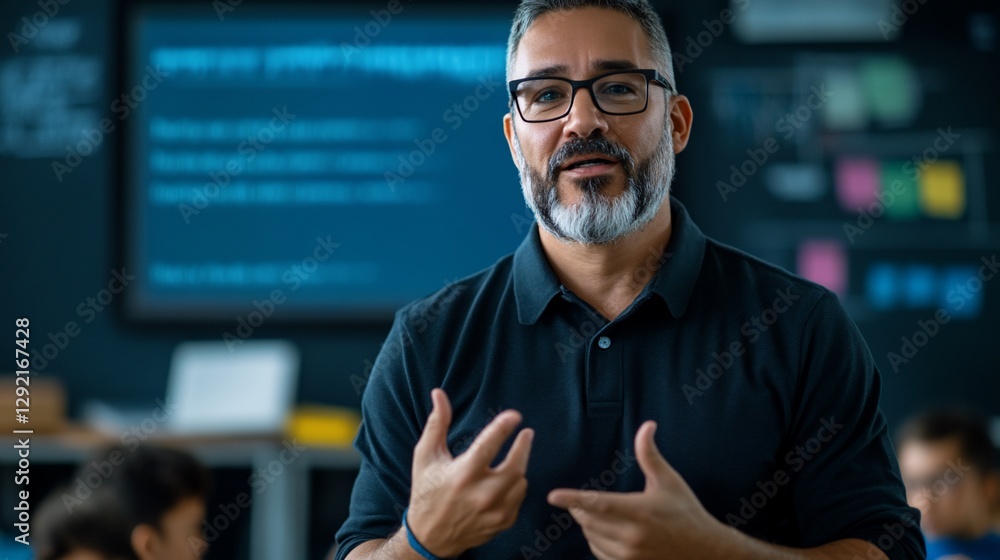 Poster teacher lectures students in classroom; screen in background