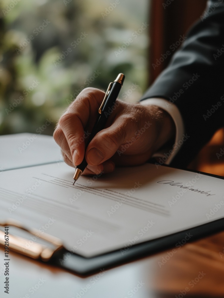 Poster hand signing an important document with a pen in a professional setting during the afternoon. genera