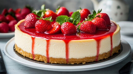 Table with homemade dessert. Classic baked Cheesecake  with a strawberry topping sauce directly above. 