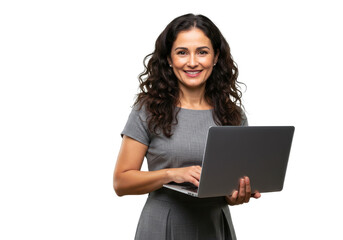 A confident woman with wavy dark brown hair, wearing a gray dress, holding a laptop and smiling warmly isolated on transparent, White background