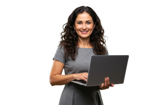 A confident woman with wavy dark brown hair, wearing a gray dress, holding a laptop and smiling warmly isolated on transparent, White background