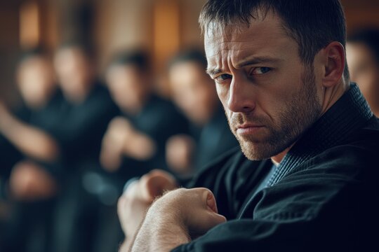 Fighters training in a martial arts gym - focus on concentration. 