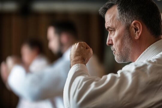 Fighters training in a martial arts gym - focus on concentration. 