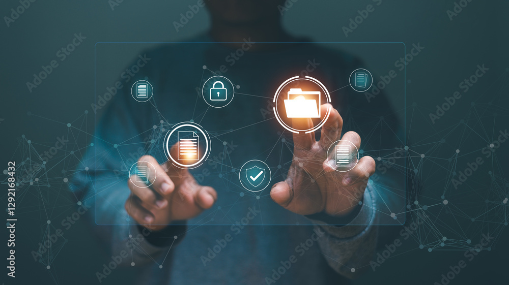 Aufkleber Document management system (DMS) technology concept. Online documentation database and process automation to efficiently manage files, Managing corporate files, Document protection.