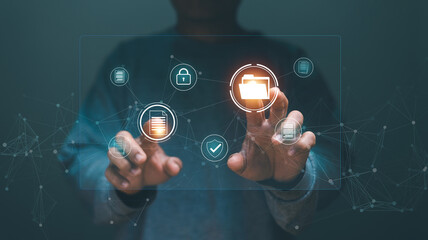 Document management system (DMS) technology concept. Online documentation database and process automation to efficiently manage files, Managing corporate files, Document protection.