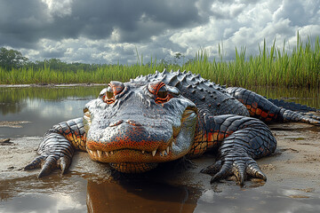 Naklejka premium Imposing Alligator Resting In Swampy Habitat