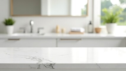 Empty marble table top on blurred minimalistic luxury bathroom at apartment, white day light, clean cozy colors. Place for product display, showing products, side view