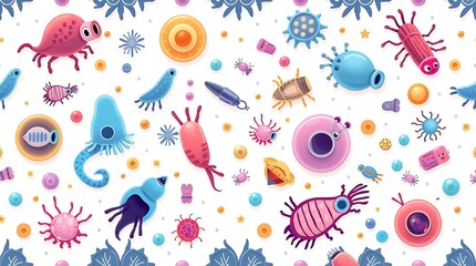 Microscopic Wonders: A vibrant illustration showcasing a diverse array of whimsical microbes, bacteria, and cellular organisms.