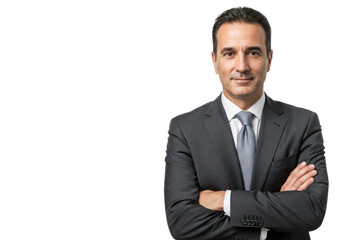 Portrait of handsome businessman in suit with crossed arms isolated on transparent, White background