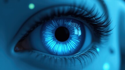 A close up of a blue eye with a black dot in the center