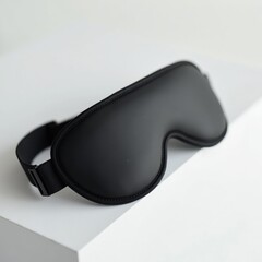 Close-up sleek black sleep mask on white surface, minimalistic and modern, designed for relaxation and restful sleep.