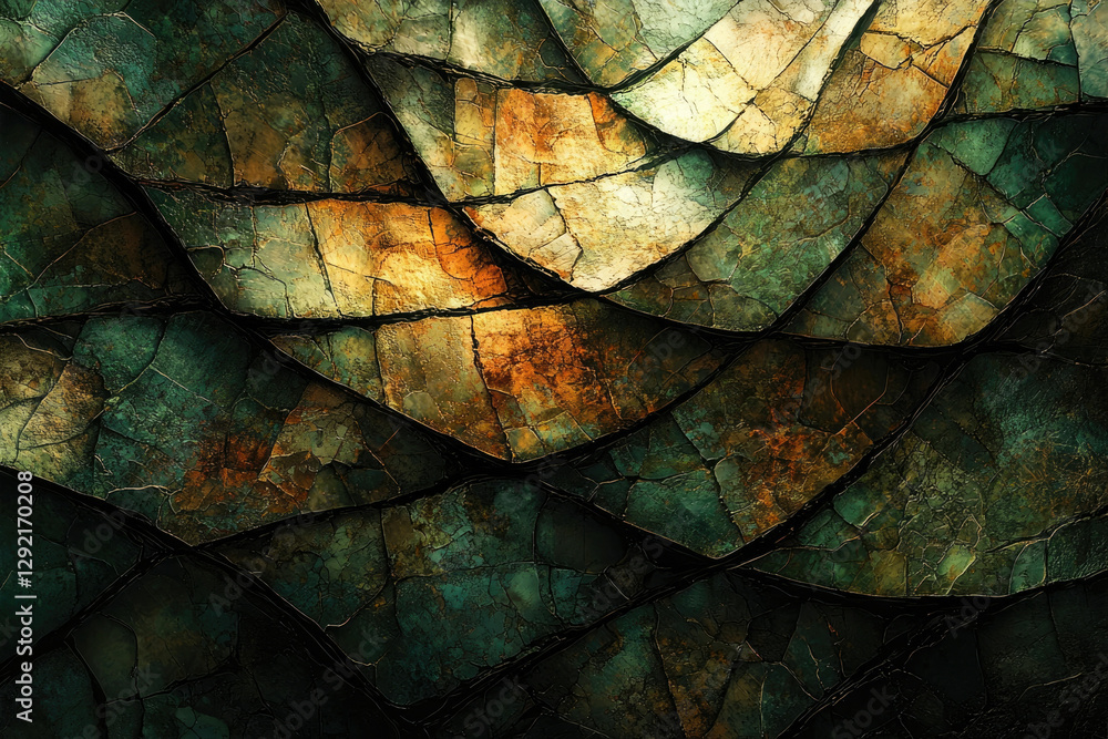 Poster abstract art depicting a textured, cracked surface with deep greens, browns, and golds creating a la