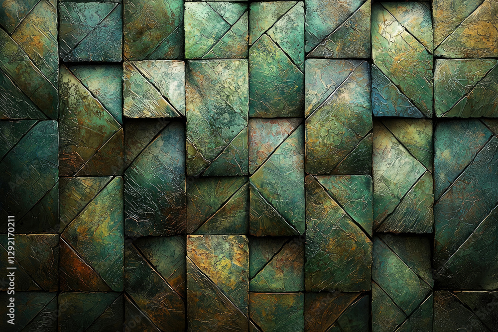 Poster abstract green and brown textured square tiles arranged in a geometric pattern.