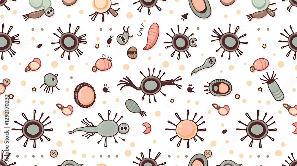 Poster microscopic world pattern: an intricate illustration of various microorganisms creating a vibrant pa