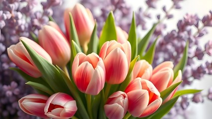 Obraz premium Tender Tulip Bouquet in Vintage Film Aesthetic on Lavender Background