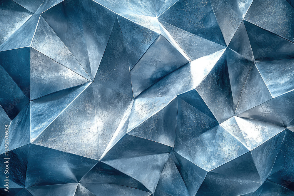 Poster abstract metallic texture with geometric shapes, a polygonal pattern in shades of blue.